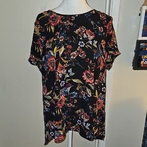 DR2 Daniel Rainn Black Floral Short Sleeve Top Birds